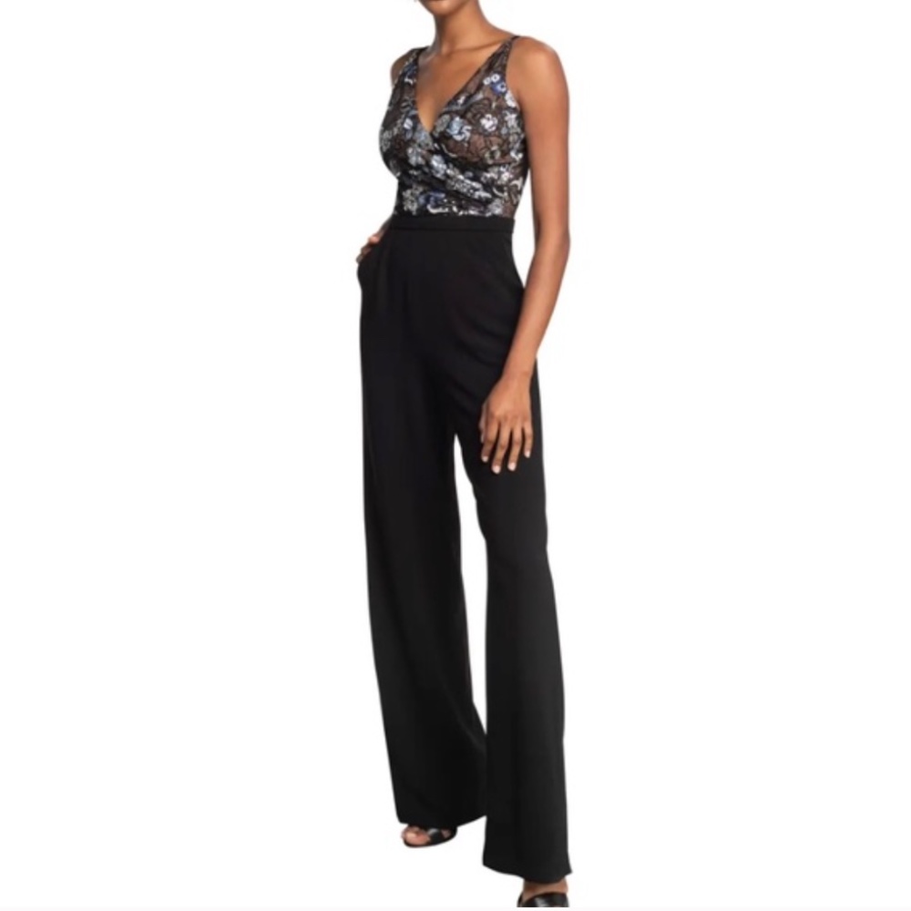 Dress the Population Trystan Sequined Flared Sleeveless Black Jumpsuit POCKETS